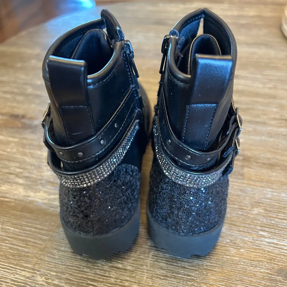 Mix No. 6 Combat Boots Kids 3 Black Excellent Rhinestone Glitter Lug‎ Sole Zip